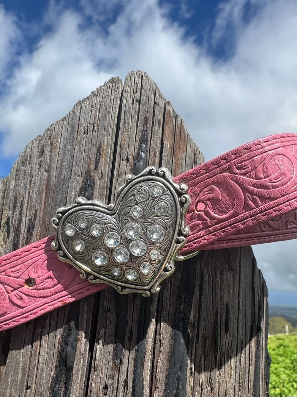Justin Boots Western Pink Leather Tooled Belt Rhinestone Studded Heart Size 24